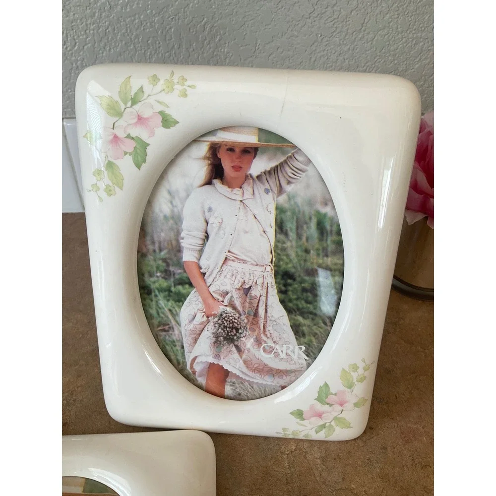 Carr Vintage Ceramic Floral Picture Frames Set 2 Pink White Oval 5x7 Opening
